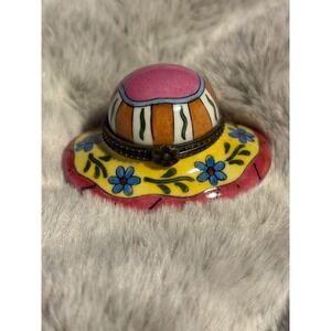 CBK Ltd 1997 Ceramic Trinket Box Hinged Hat Design Blue Flowers Yellow Brim